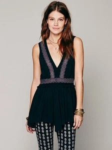 Nuevo con etiquetas Chaleco Túnica Top Intimatley Free People Inserción de Encaje Ojales Talla S Borde Crudo - Imagen 1 de 5