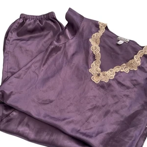 Vintage Y2K Satin Pyjama Set M lila Spitzenbesatz Oberteil & Schlafhose Flatterärmel - Bild 1 von 6