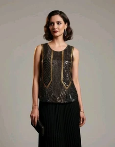 Top Nicole Miller Mujer Pequeño Cuentas Formal Sin Mangas Glamour Dorado Negro Boda  - Imagen 1 de 14