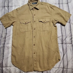 Camisa Polo Ralph Lauren Safari Abotonada Manga Corta Para Hombres Pequeña Bronceada Mezcla de Lino - Imagen 1 de 10