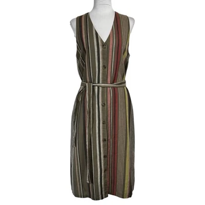 Y2K Liz Claiborne Striped Midi Shirt Dress Size M Belted Olive Green Linen VTG - Image 1 of 4