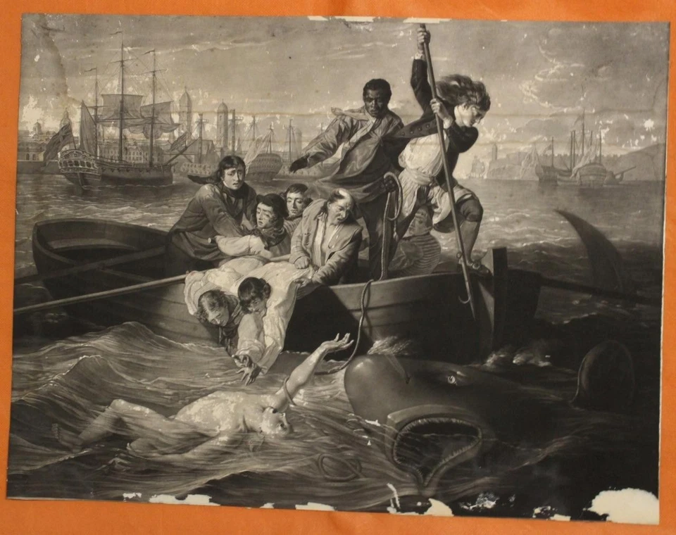 АКУЛА РЫБАЛКА И ЗАХВАТ КУБА 1779 ВАЛЕНТИНКА ЗЕЛЕНЫЙ НЕОБЫЧНЫЙ СТАРИННЫЙ ВИД MEZOTINT - Изображение 1 из 1