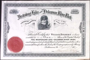 1887 - WESTCOLANG LAKE and DELAWARE RIVER PARK - Stock Certificate - FISH & GAME - Bild 1 von 2