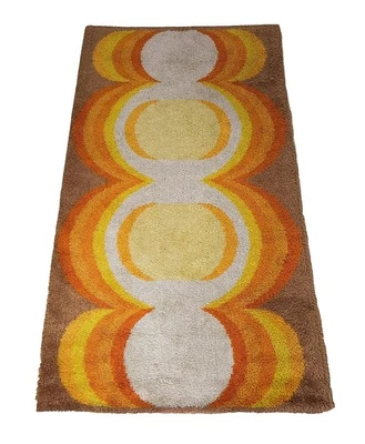 Alfombra de lana 4 x 7 pies BESMER MALMÖ shag dralon naranja amarillo vintage años 70 mediados de siglo Foto 1 de 4