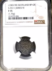 1583 - 1590 Scotland Eightpenny Groat, NGC F-15, S-5511, James VI - Picture 1 of 2