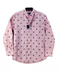 Club Room Crest-Print Button Down Shirt Men's M Pink Sky Patch Pocket Stripe L/S - Picture 1 of 2