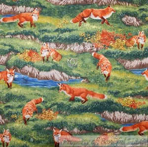 BonEful Fabric FQ Cotton Quilt Green Grass Red FOX Scenic Blue River Water Lake - Picture 1 of 12
