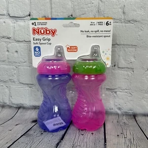 Nuby 2 Pack No Spill Easy Grip Soft Spout Cups 10 Ounce Purple And Pink 6+M - Picture 1 of 2
