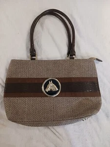 Braciano Brown Herringbone Fabric Satchel Handbag With Horse Head Accent. - Picture 1 of 8