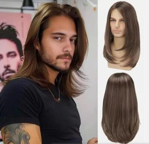 Mens Wig Long Brown Straight Wig for Men Middle Part Synthetic Heat Resistant Ha - Picture 1 of 5