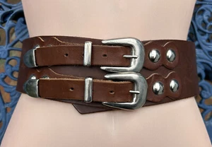 Vintage Brown Leather Cinch Dual Buckle Wide Belt Steampunk/Cosplay sz S 64-70cm - Picture 1 of 11