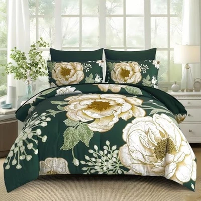  花卉被子套装 7 码床袋,米色花朵女王深绿色 — 第 1/4 张图片