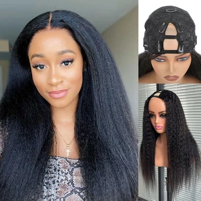 V Part Wig Human Hair Kinky Straight u part Human Hair Wig Yaki For Black Women - Image 1 of 4