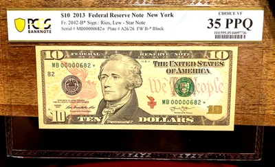 РЕДКАЯ! 3 ЦИФРЫ СЕРИЙНЫЙ # PCGS $10 ** ЗВЕЗДА ПРИМЕЧАНИЕ ** PCGS ВЫБОР 35 PPQ НИЗКИЙ СЕРИЙНЫЙ # - Изображение 1 из 2