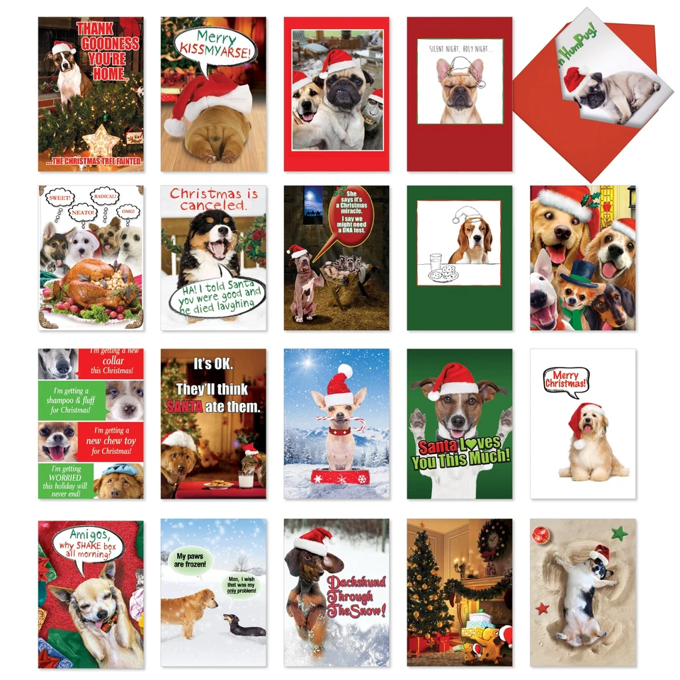 Juego surtido de 20 divertidas tarjetas de felicitación navideñas con sobres - días de acebo para perros Foto 1 de 4