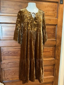 Vestido midi de terciopelo bordado Johnny Was Millie bronce M - Imagen 1 de 9