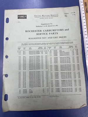 Vintage United Motors Service Rochester Carburetors Price List 1959 GM - Imagem 1 de 2