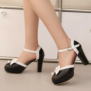 Borde Lolita Moño Travesti Tacones Gruesos Disfraz LGBT Mujeres Zapatos 35-48 - Imagen 1 de 20