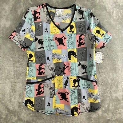 Looney Tunes Scrub Top Small Multicolor V Neck Pockets Medical Wear Nurse NEW - Image 1 of 4