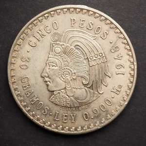 1948 Mo Mexico 5 Pesos .900 Silver Cuauhtemoc FREE SHIPPING M6423 - Picture 1 of 2
