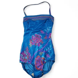 Sirena Vintage One-Piece Halter Swimsuit Womens 12 Blue Pink Floral Boho Rio - Picture 1 of 8