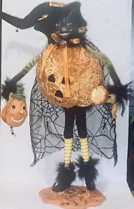 Arte popular rústico gato negro sosteniendo calabaza Halloween figura caprichosa aplicación 17”. - Imagen 1 de 17