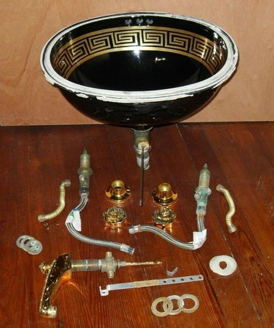 VTG Plumbing Salvage 1970 Black Bathroom Bar Porcelain Sink Gold Inlay Fixtures Cover