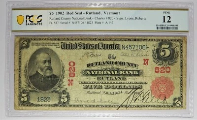 1902 Rutland, Vermont $5 Red Seal National Bank PCGS 12 solo 1 conocido Foto 1 de 2