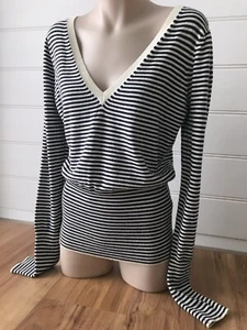 FRENCH CONNECTION Navy Striped Wool Blend Knit Jumper Size L 12 14 V-Neck FCUK - Picture 1 of 14