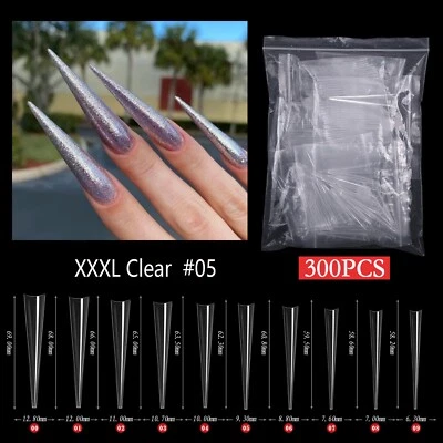 300Pcs Extra Long C Curve Stiletto Pointy False Nail Tips XXXL Clear Half Nails - Image 1 of 4