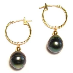 Genuine 9-10mm Tahitian Black Pearl Hoop Earrings in 14K Gold or 925 Silver - Picture 1 of 2