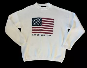 Structure USA American Flag Crew Neck Sweater Sz XL Cream Ramie/ Cotton Blend - Picture 1 of 12