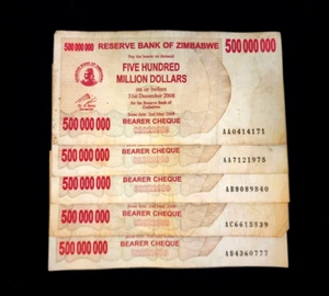 5 pcs x Zimbabwe 500 million dollar bearer cheque banknotes / P-60 / CIRCULATED - Picture 1 of 2