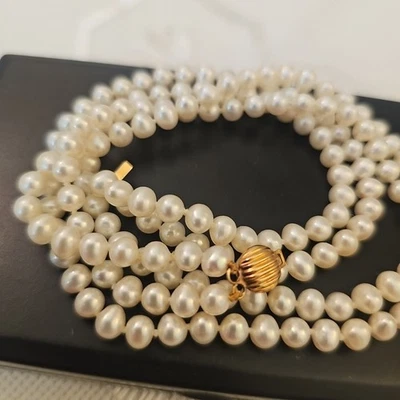 Vintage Two Row Freshwater Cultured Pearl 14k.Yellow  Necklace - Image 1 of 4