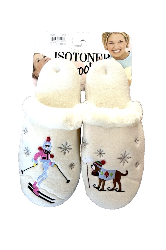 Isotoner ski Women and Dog White Embroidered slippers Size XL 9.5-10.5 Cushioned Foto 1 de 4