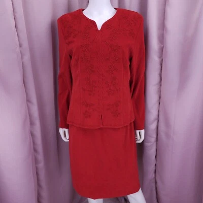 90-х годов Y2K Карин Стивенс женщин красный длинным рукавом вышитый карандаш платье 14 - Изображение 1 из 4