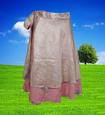 Womens Wrap Skirt, Recycled Sari Skirt, Knee Length  Pink Print One Size