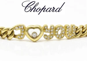 NYJEWEL Chopard Happy Diamonds I love you 18k Gold Cuban Link Chain Bracelet 7" - Picture 1 of 6
