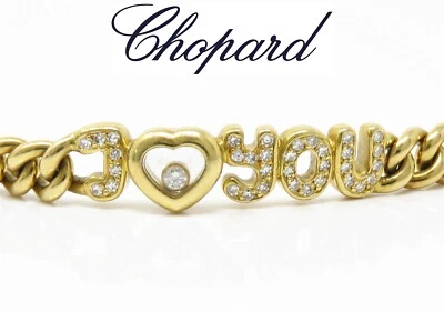 NYJEWEL Chopard Happy Diamonds I love you 18k Gold Cuban Link Chain Bracelet 7" - Image 1 of 4