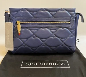 LULU GUINNESS KATIE BLUE SMOOTH QUILTED LEATHER LIPS TOP ZIP WRISTLET CLUTCH BAG - Picture 1 of 23