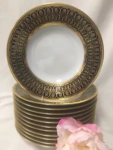 (12)Chas Haviland Limoges Incrustation Polie a l'agate Cobalt 9.25" SOUP BOWLS - Picture 1 of 11