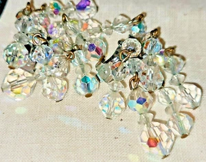 Vintage Crystal Rhinestone Dangling Crystal Aurora Borealis Beaded Clip Earrings - Picture 1 of 3
