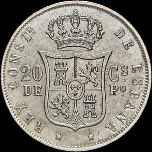 PHILIPPINES. 1883, 20 Centimos, Silver - Alfonso II, Spanish Colony - Picture 1 of 5