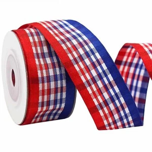 Gingham Ribbon Red Blue White Buffalo Check 10 Yards x 1.5 inch Holiday Craft... - Picture 1 of 5