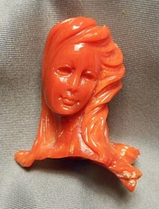 1960s Italian Carved Orange Coral Head of Young Lady for Pendant - needs bale - Picture 1 of 10