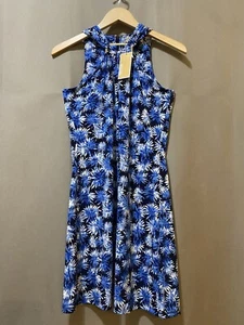 NWT Michael Kors Women Sleeveless Halter Grecian Mini Dress Size XS Blue Floral - Picture 1 of 13