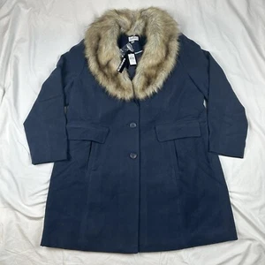 NWT Avenue Women's Size 18/20 Faux Fur Collar Navy Long Faux Wool Coat Pockets - Picture 1 of 10