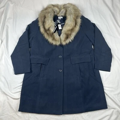 Nuevo con etiquetas Abrigo Avenue Para Mujer Talla 18/20 Cuello de Piel Sintética Azul Marino Largo Imitación Lana Bolsillos Foto 1 de 4