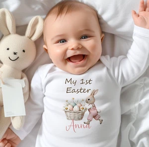 Conjunto babero mameluco bebé tema huevos conejito de Pascua personalizado, ropa para niños pequeños - Imagen 1 de 3