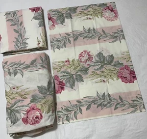 Vintage Martex Twin Flat and Fitted Sheet + Pillowcase Pink White Floral Stripe - Picture 1 of 10